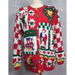 VTG 90's Eagles Eye Hand-Knit Christmas Cardigan Sweater Med Santa Ugly Party